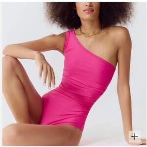 New NWOT J. Crew Sleek Ruched One-Shoulder One-Piece Swimsuit Pink Size 16